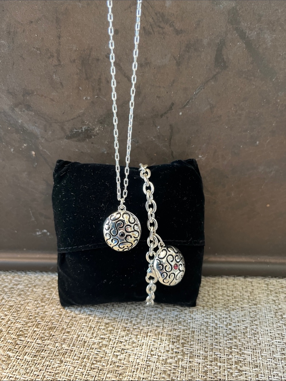 Matching Locket Filigree Necklace & Bracelet Set - Garnet & Black Accents - Picture 14 of 14